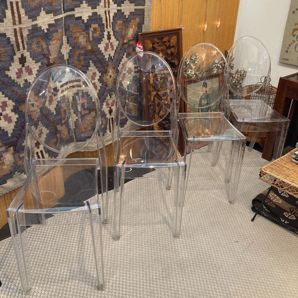 2000s Set of 4 Authentic Kartell Victoria Ghost Chairs Designed by Philippe Starck - Clear - MidModMom