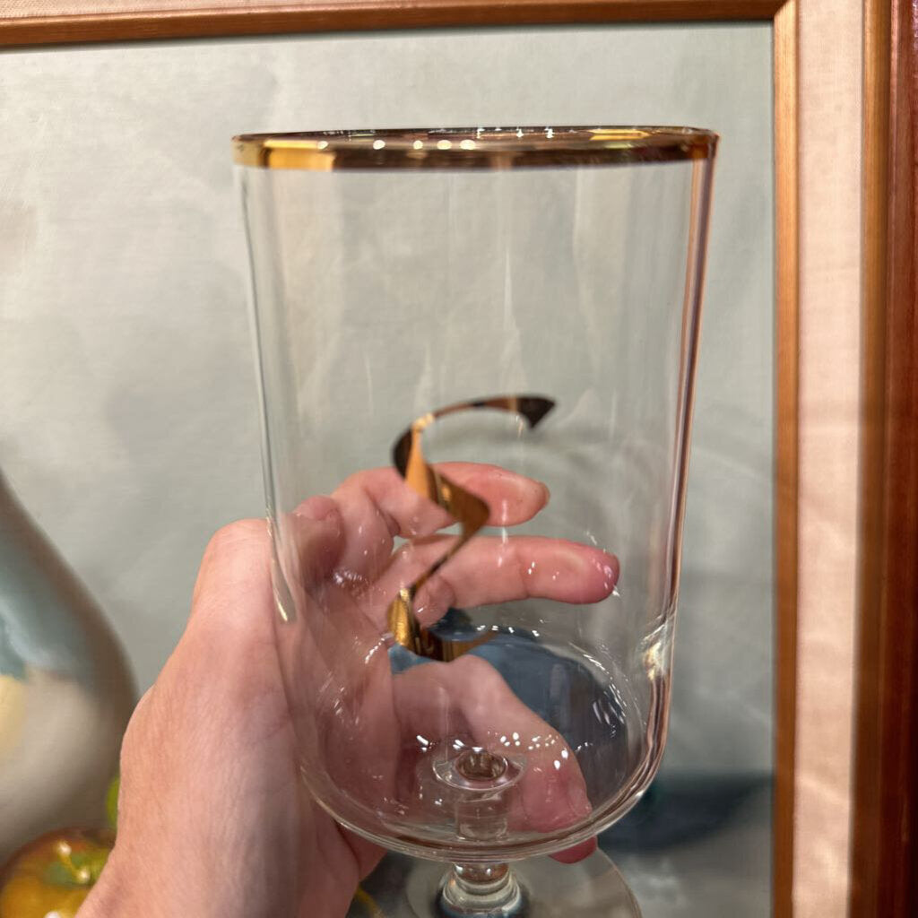 Vintage Set of 8 Gold Rim Wine Glasses w/ Initial E