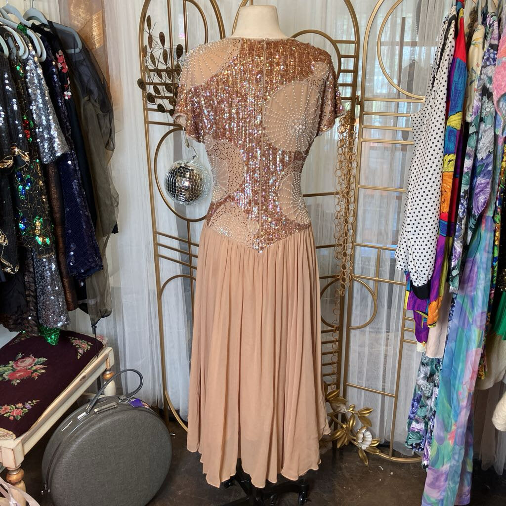 1980s Iridescent Sequin & Beaded Taupe Evening Dress