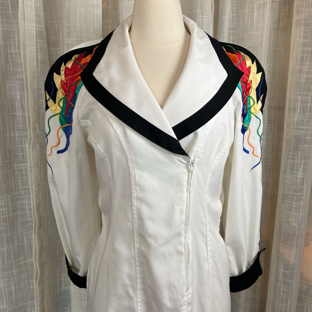 1990s White Retro Dress with Flowered Shoulders