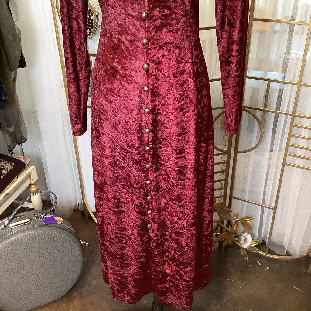 90s Brett Alixander Cranberry Velvet Midi Dress Faux Button Front w/ Corset Tie Back