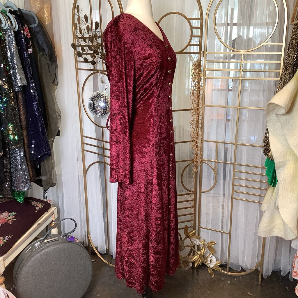 90s Brett Alixander Cranberry Velvet Midi Dress Faux Button Front w/ Corset Tie Back