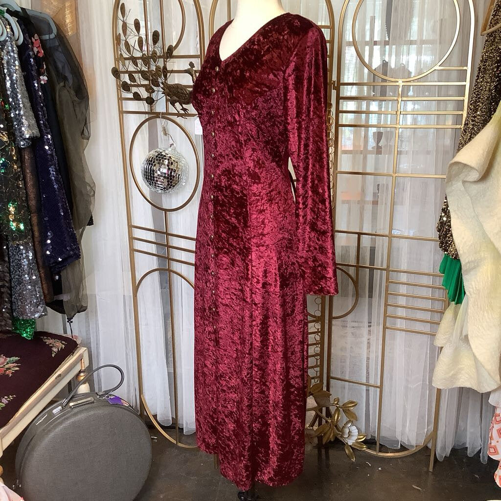 90s Brett Alixander Cranberry Velvet Midi Dress Faux Button Front w/ Corset Tie Back