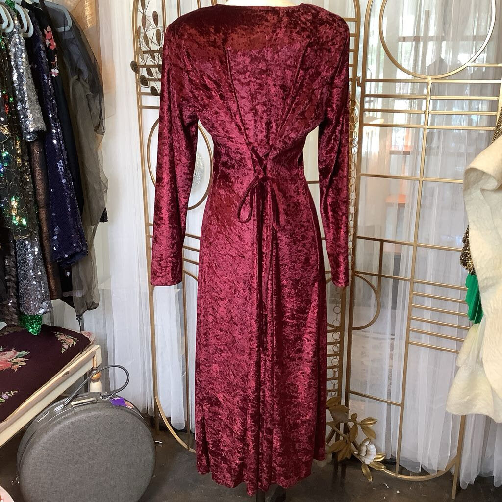 90s Brett Alixander Cranberry Velvet Midi Dress Faux Button Front w/ Corset Tie Back