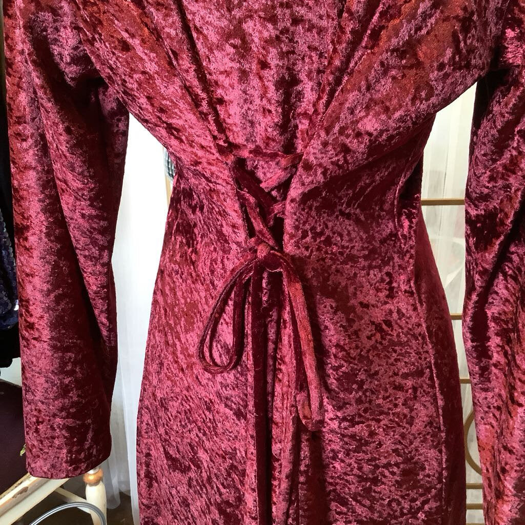 90s Brett Alixander Cranberry Velvet Midi Dress Faux Button Front w/ Corset Tie Back