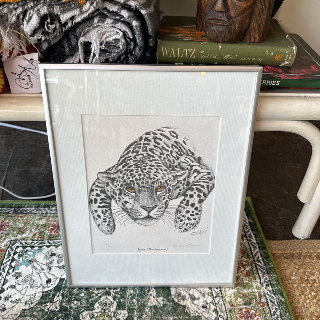 Vintage Framed & Matted Original, Signed & Numbered Jaguar