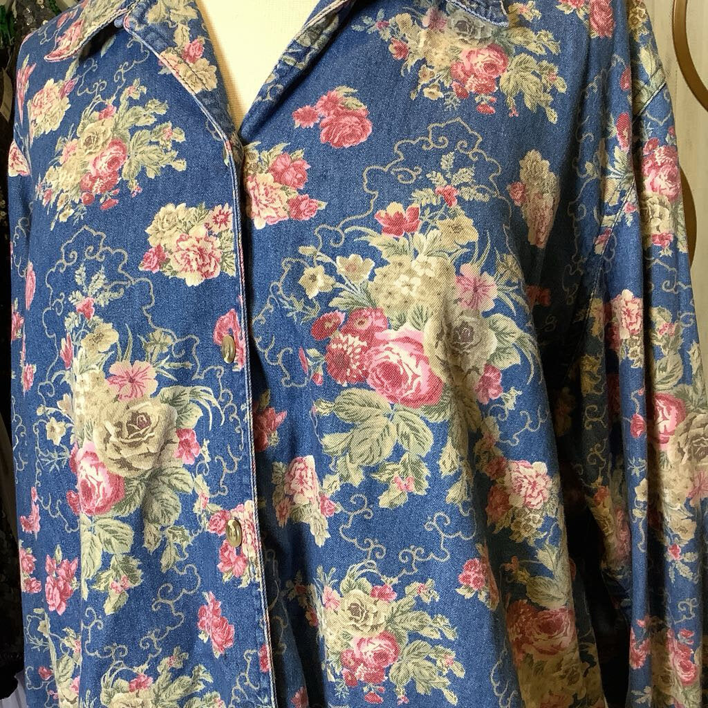 1990s Floral Denim Button Up