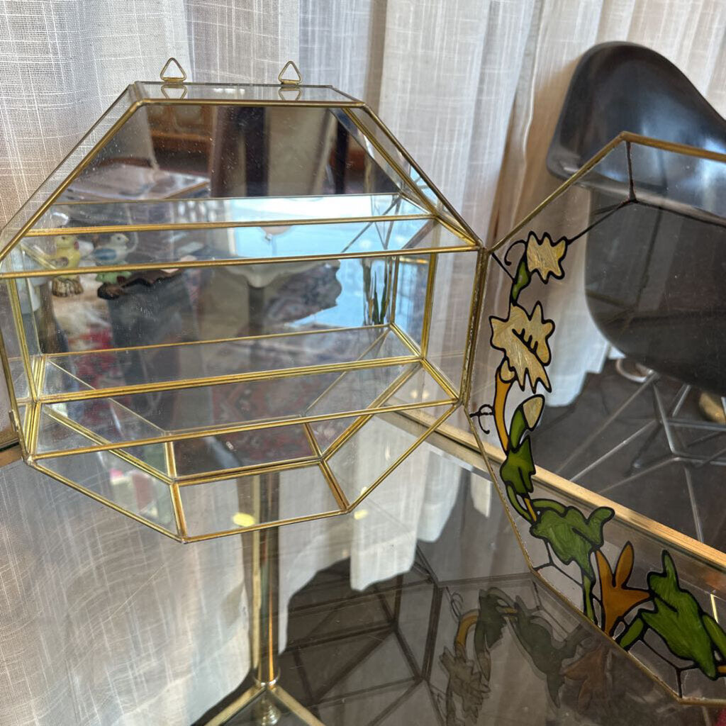 Vintage Hanging Brass, Mirror & Stained Glass Curio Cabinet