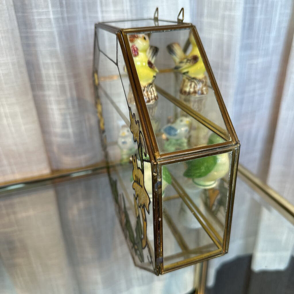 Vintage Hanging Brass, Mirror & Stained Glass Curio Cabinet