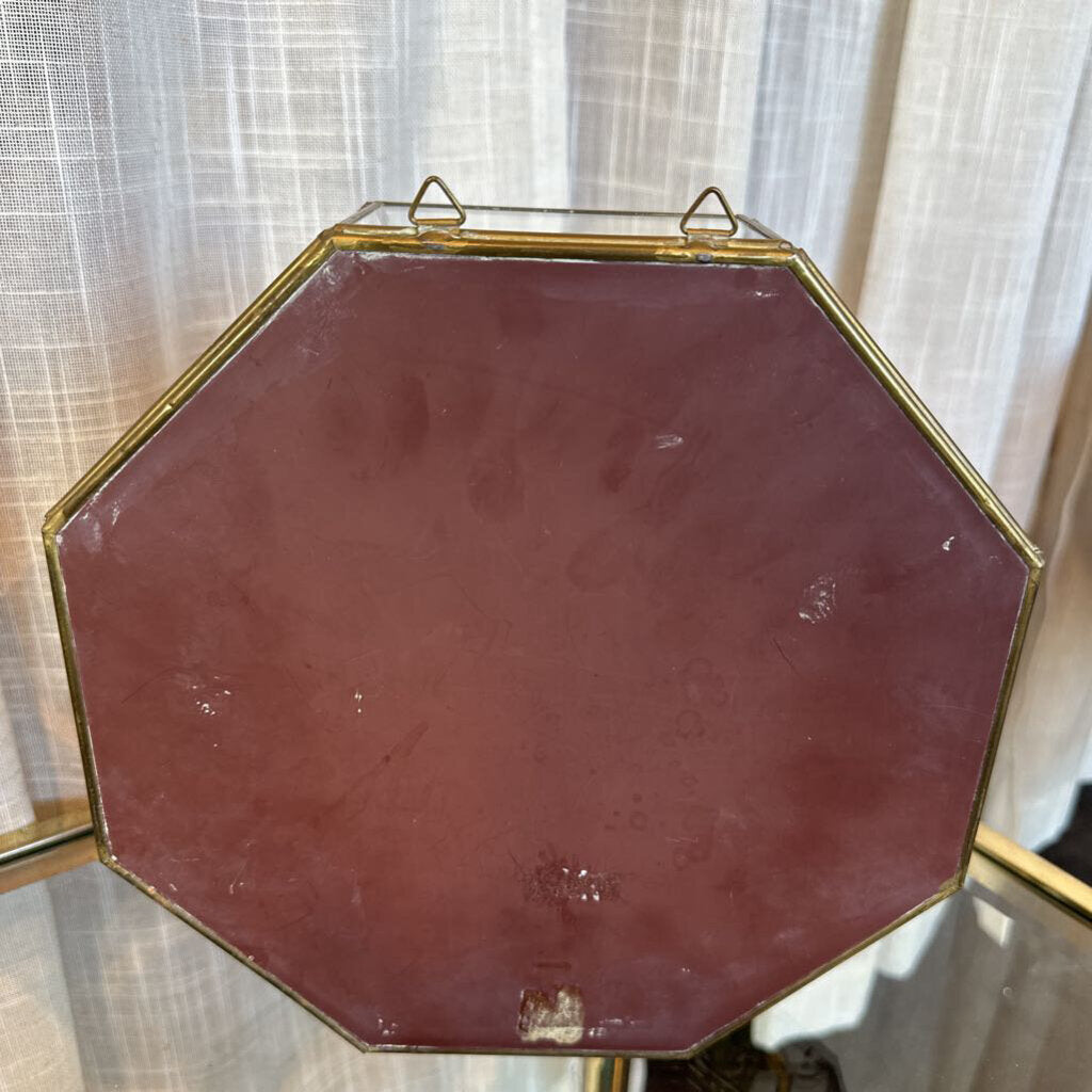 Vintage Hanging Brass, Mirror & Stained Glass Curio Cabinet