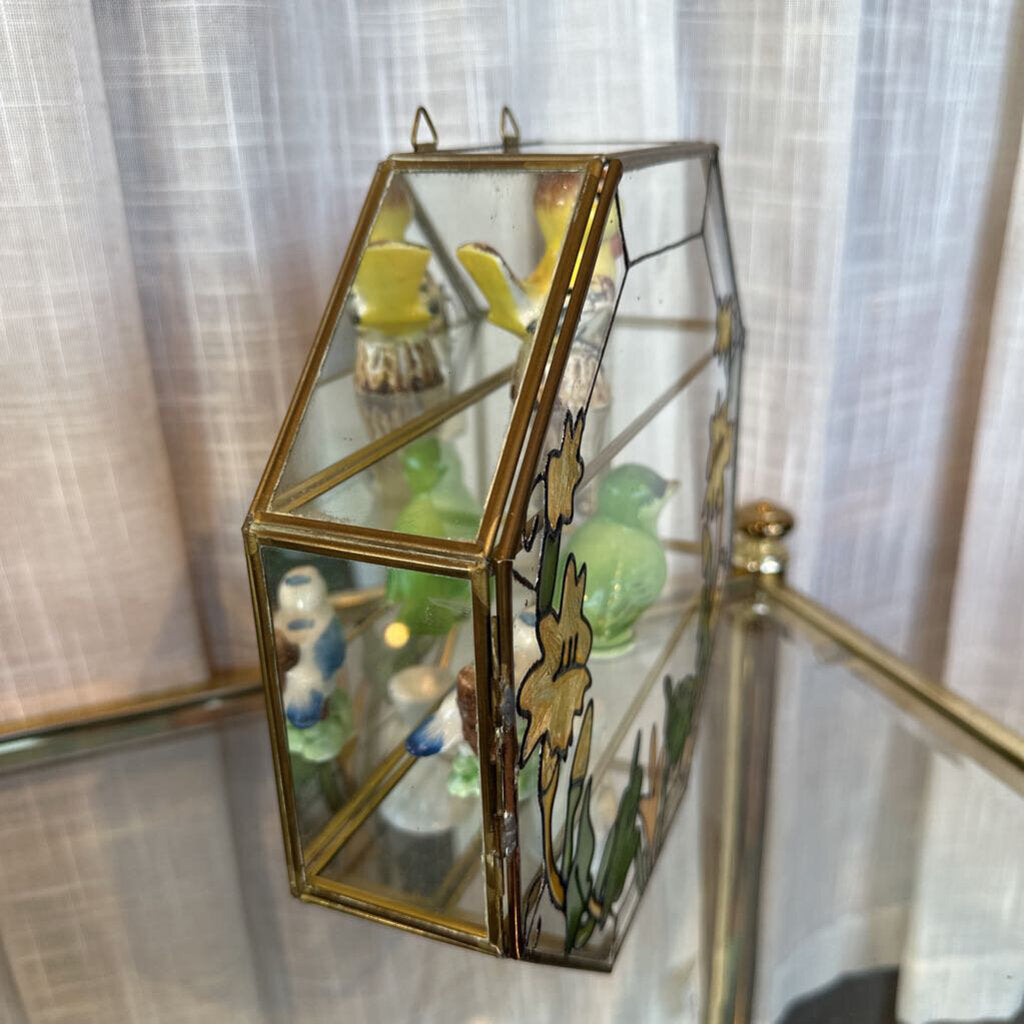 Vintage Hanging Brass, Mirror & Stained Glass Curio Cabinet