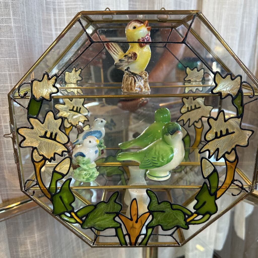 Vintage Hanging Brass, Mirror & Stained Glass Curio Cabinet