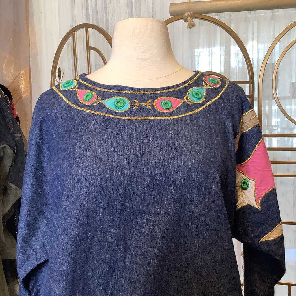 1990s Denim Applique Blouse with Mirrored Trim