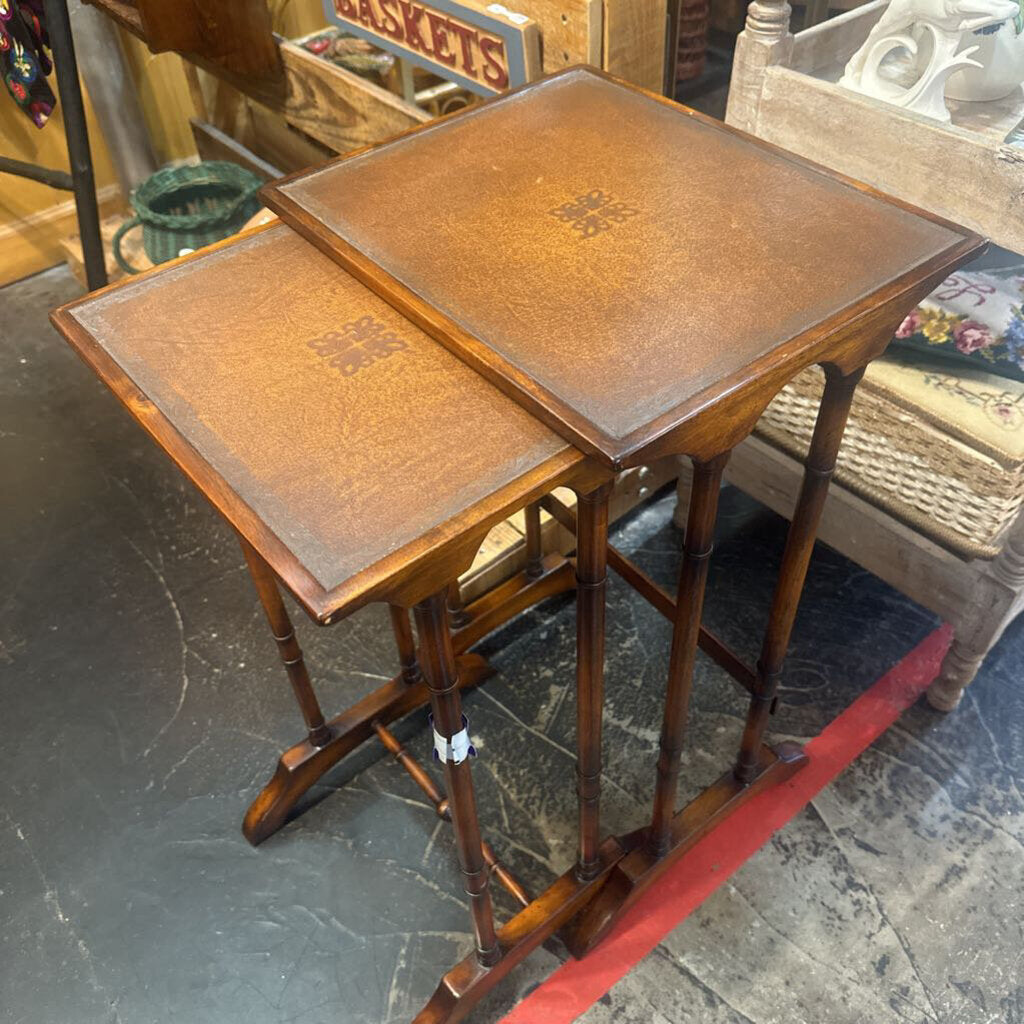 MCM Leather & Wood Nesting Tables Set of 2