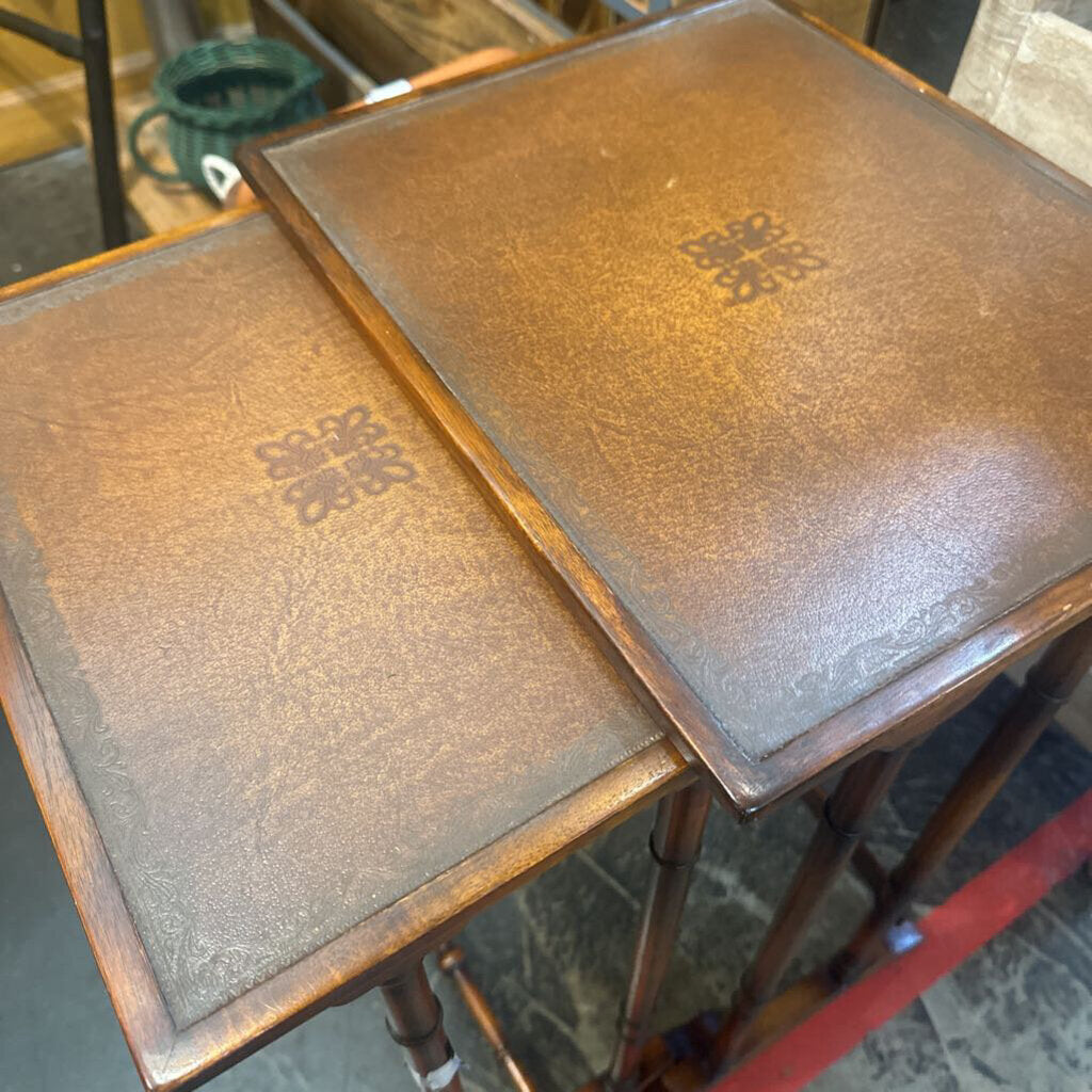 MCM Leather & Wood Nesting Tables Set of 2