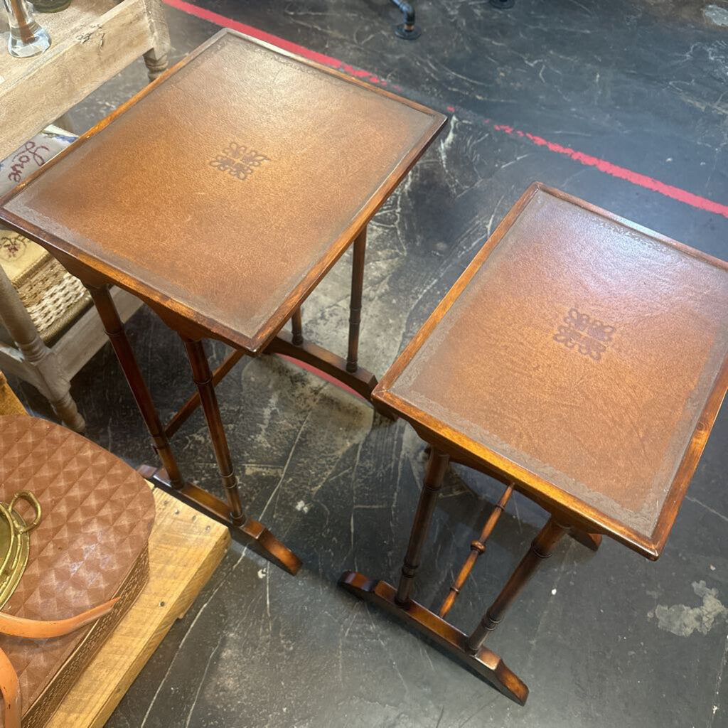 MCM Leather & Wood Nesting Tables Set of 2