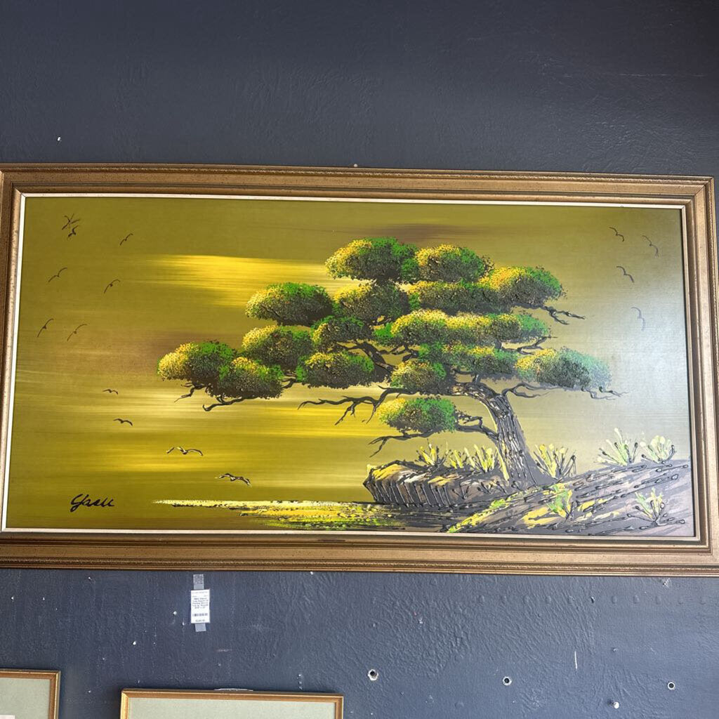 1960s Signed Yasu Eguchi Oil Painting Bonsai Tree w/ Seagulls