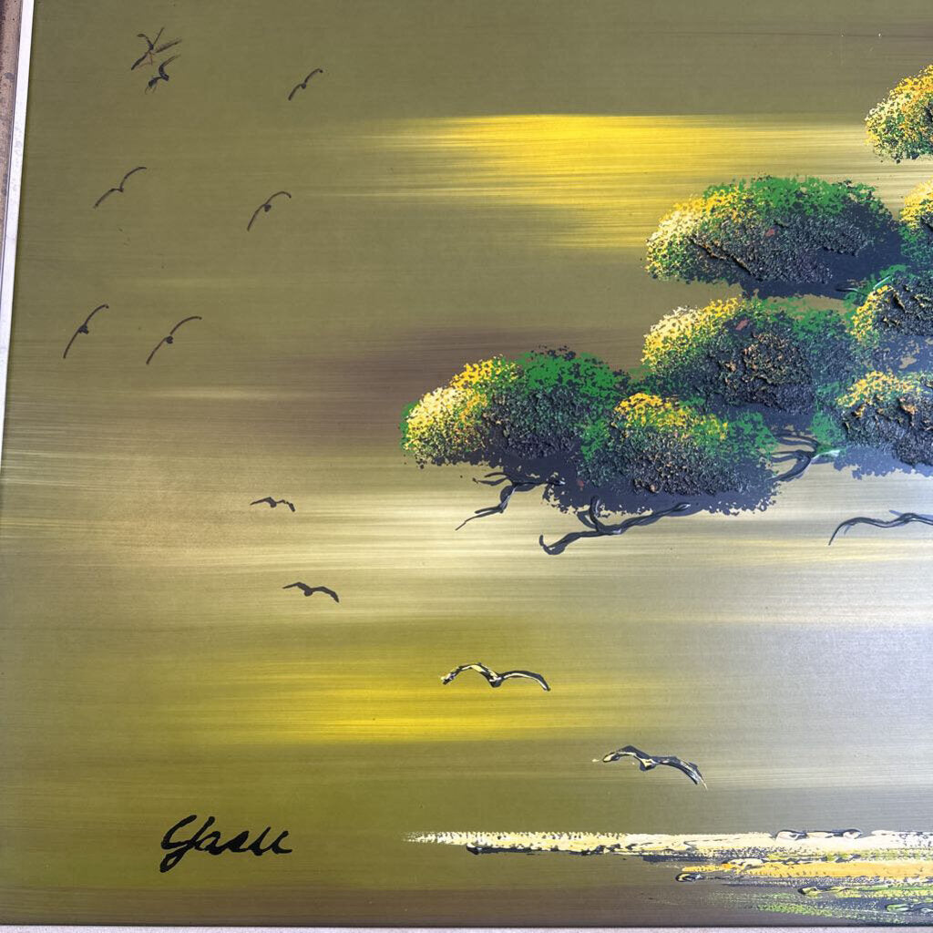 1960s Signed Yasu Eguchi Oil Painting Bonsai Tree w/ Seagulls