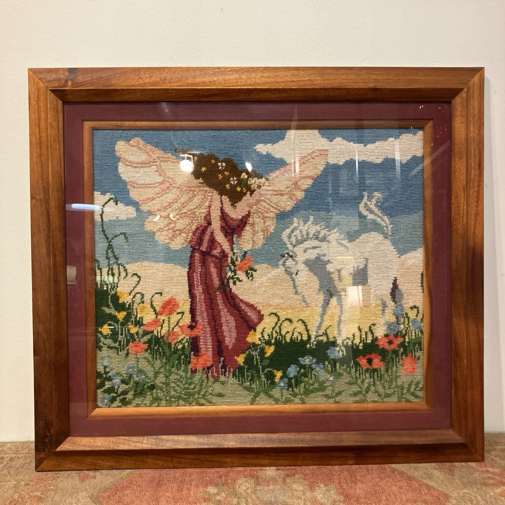 Vintage Needlepoint in Hawaiian Koa Wood Frame