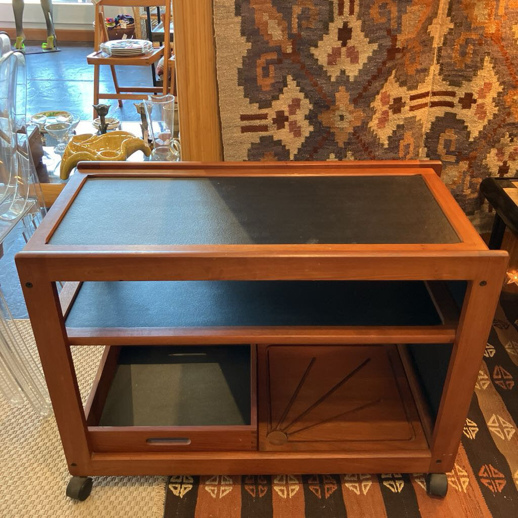 Vintage Danish Modern Teak Bar Cart with Expandable Top and Removable Storage Bin Cutting Board - MidModMom