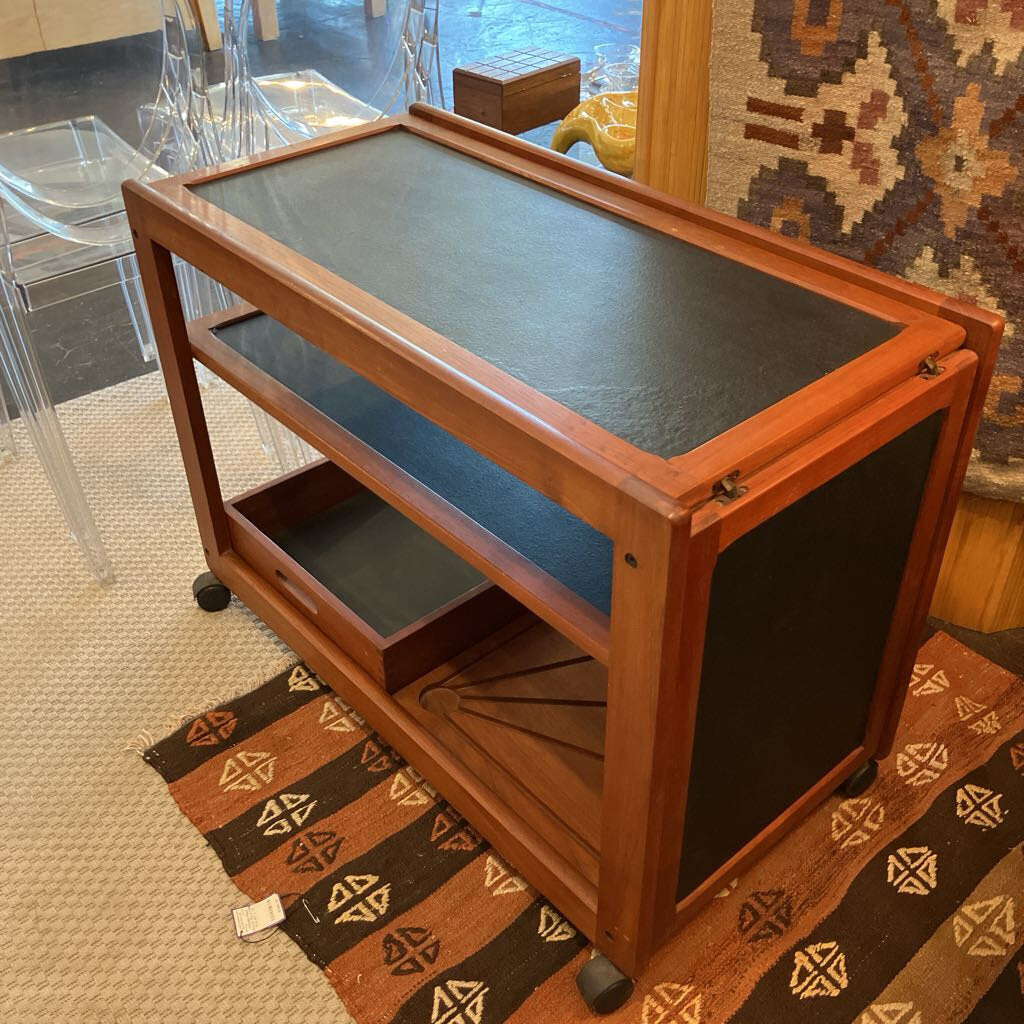 Vintage Danish Modern Teak Bar Cart with Expandable Top and Removable Storage Bin Cutting Board - MidModMom