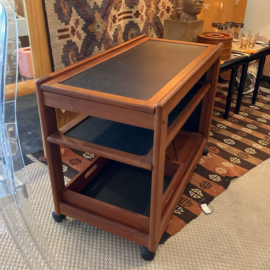 Vintage Danish Modern Teak Bar Cart with Expandable Top and Removable Storage Bin Cutting Board - MidModMom