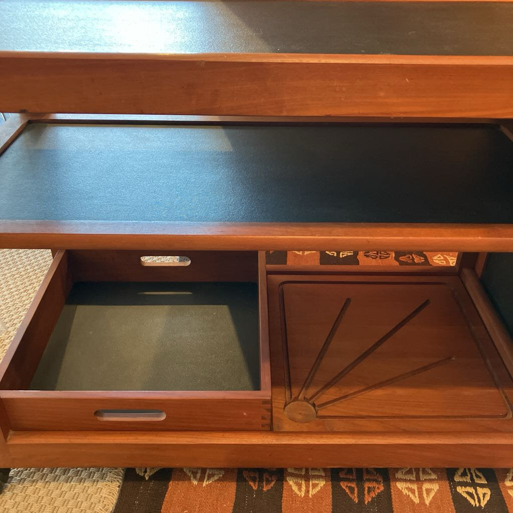 Vintage Danish Modern Teak Bar Cart with Expandable Top and Removable Storage Bin Cutting Board - MidModMom