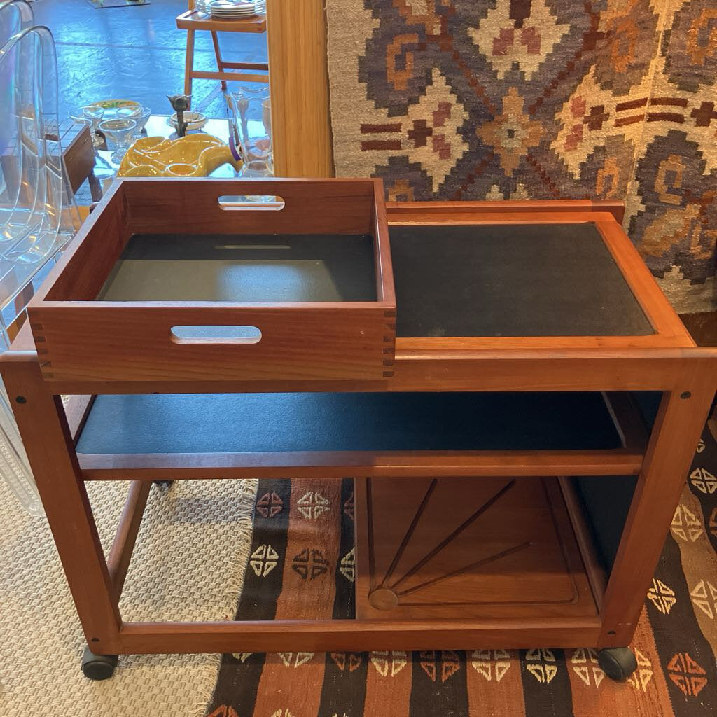 Vintage Danish Modern Teak Bar Cart with Expandable Top and Removable Storage Bin Cutting Board - MidModMom