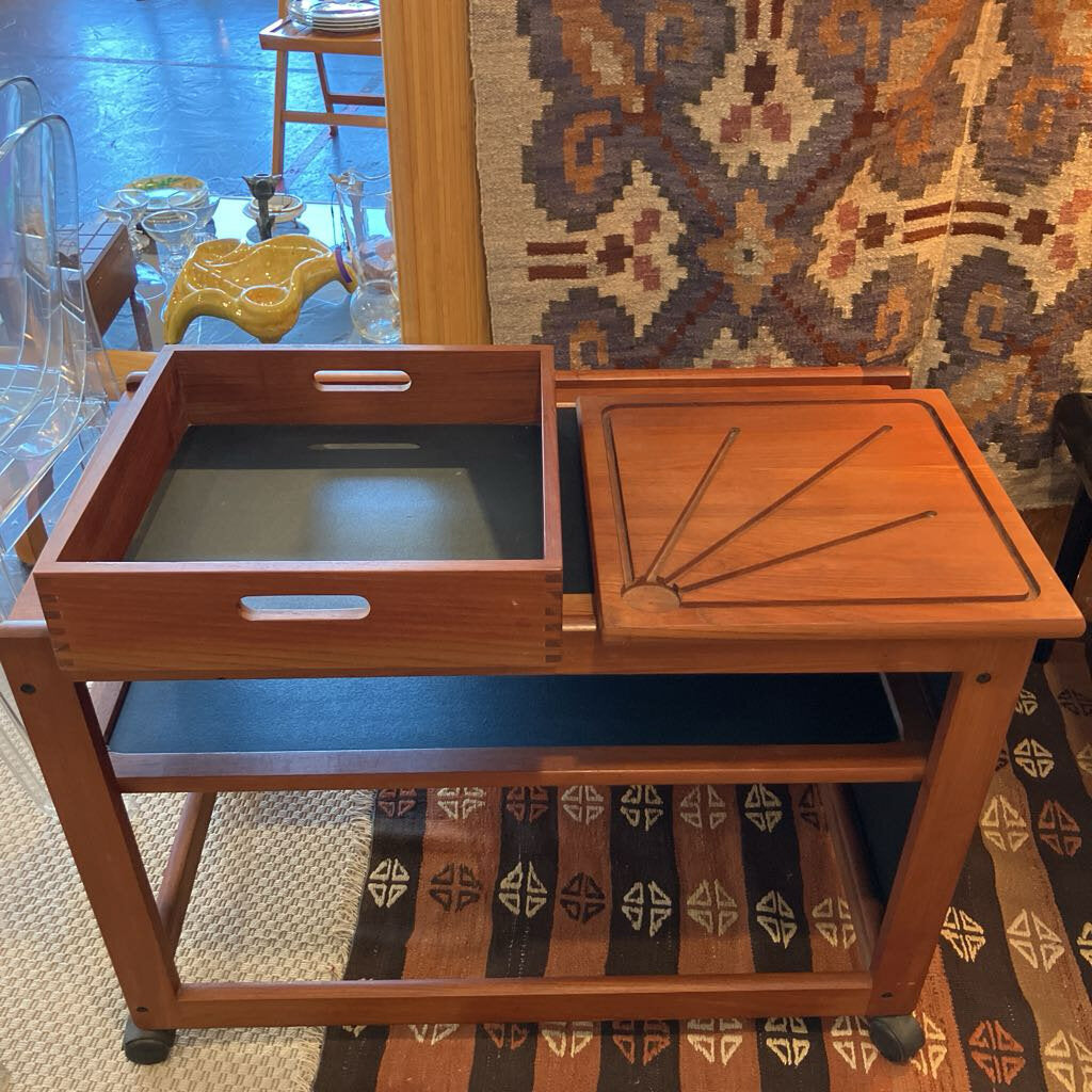 Vintage Danish Modern Teak Bar Cart with Expandable Top and Removable Storage Bin Cutting Board - MidModMom