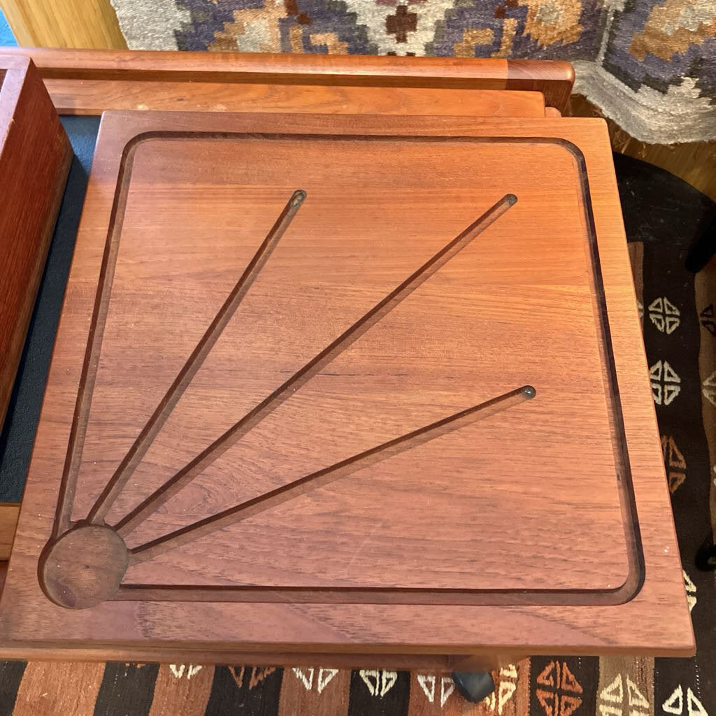 Vintage Danish Modern Teak Bar Cart with Expandable Top and Removable Storage Bin Cutting Board - MidModMom