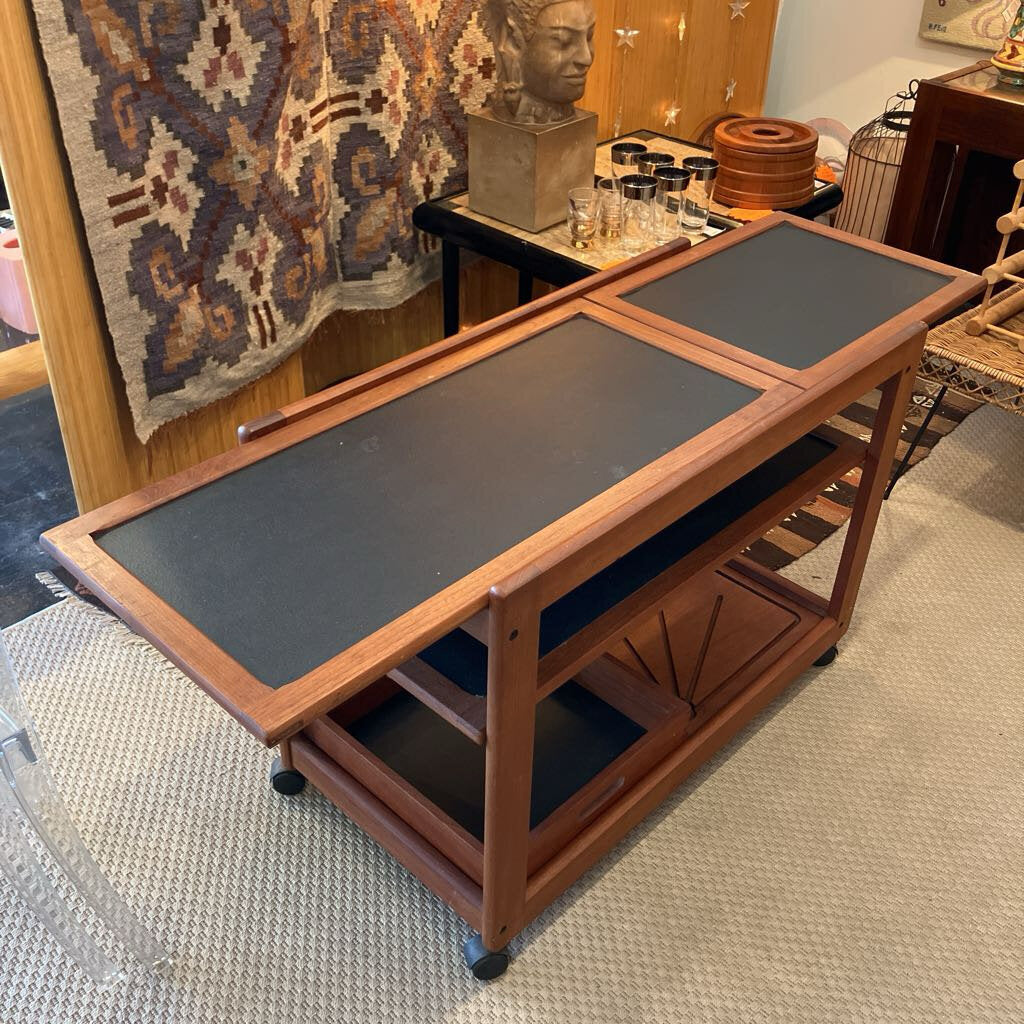 Vintage Danish Modern Teak Bar Cart with Expandable Top and Removable Storage Bin Cutting Board - MidModMom