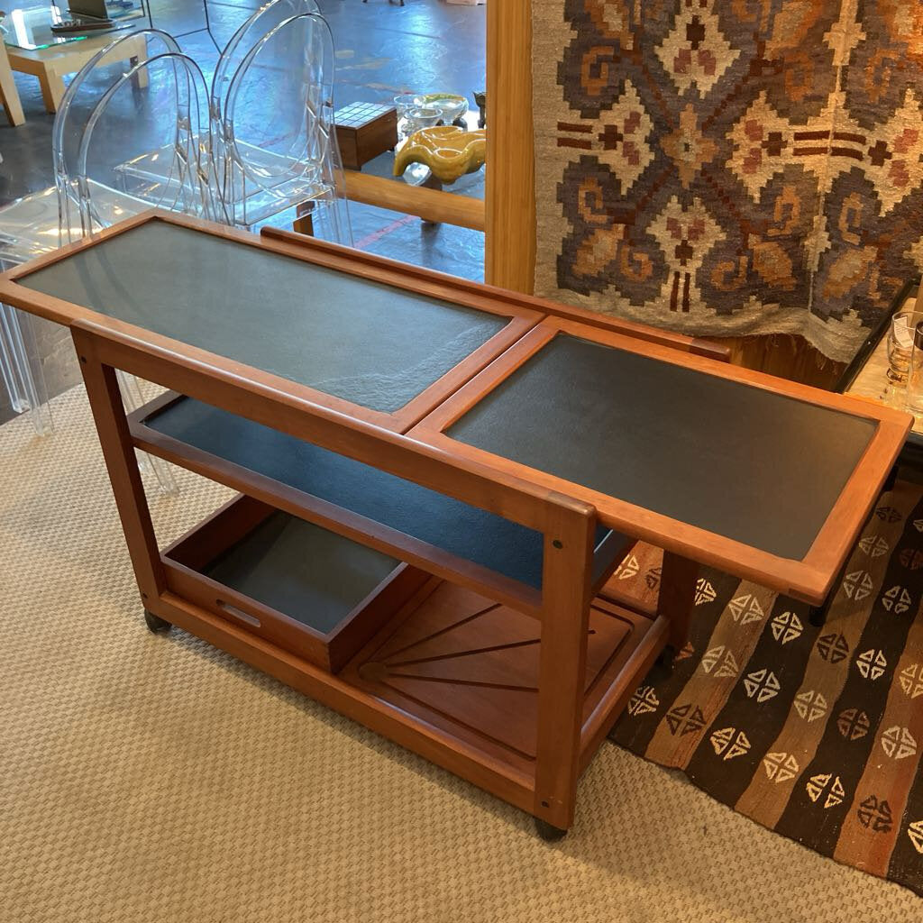 Vintage Danish Modern Teak Bar Cart with Expandable Top and Removable Storage Bin Cutting Board - MidModMom