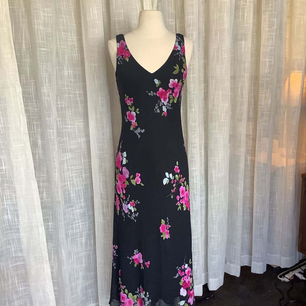 1990s Black Floral Midi Dress