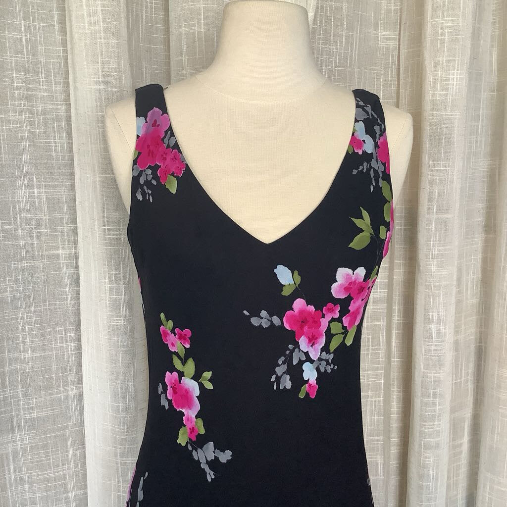 1990s Black Floral Midi Dress