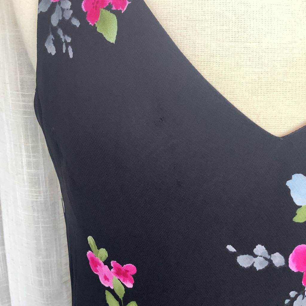 1990s Black Floral Midi Dress