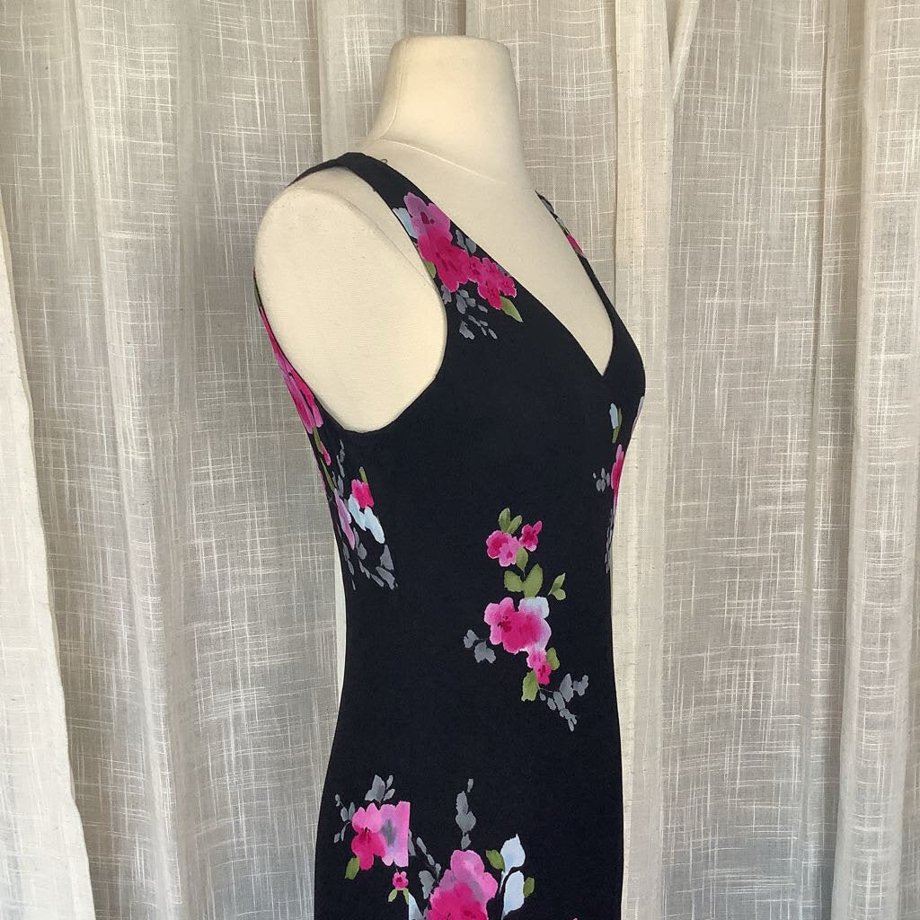 1990s Black Floral Midi Dress