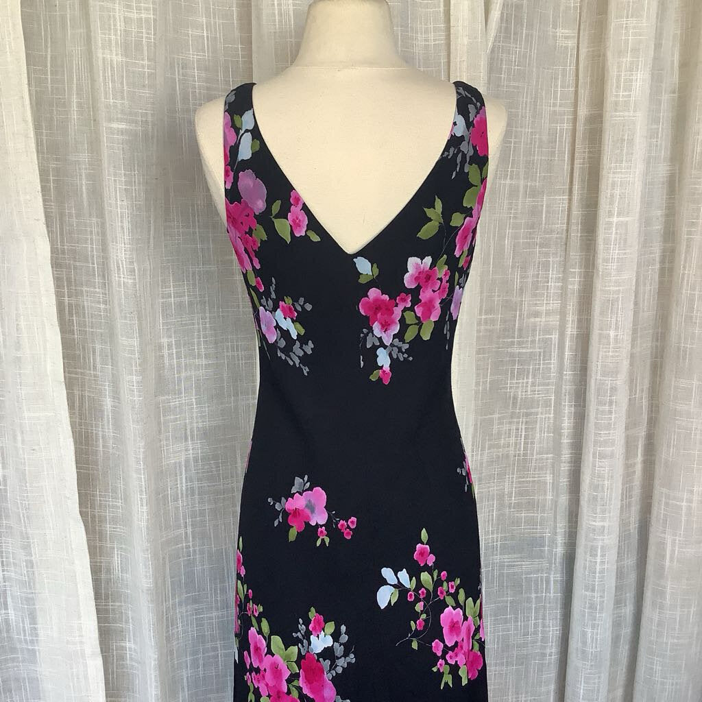 1990s Black Floral Midi Dress