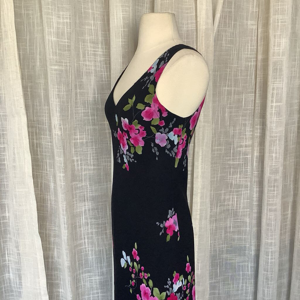 1990s Black Floral Midi Dress