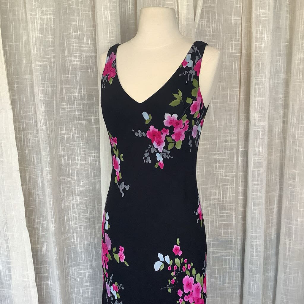 1990s Black Floral Midi Dress