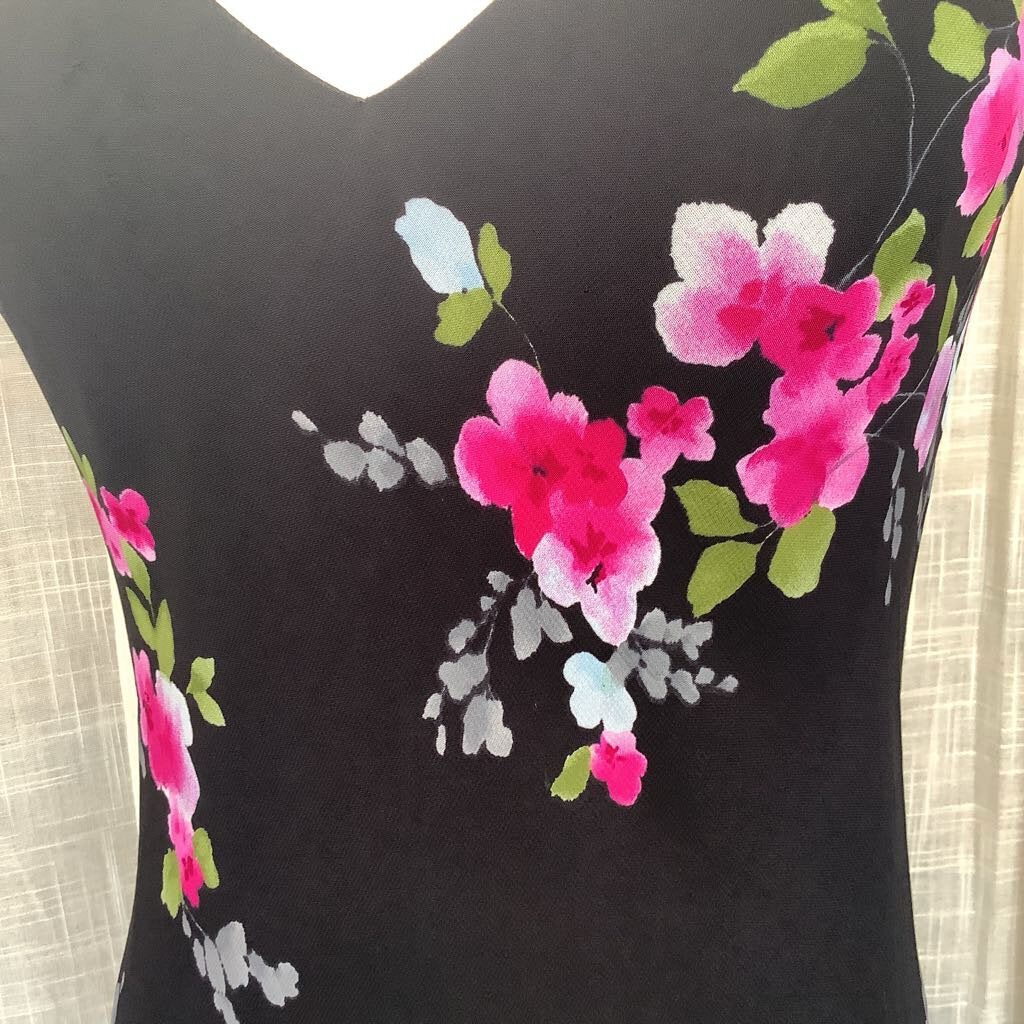 1990s Black Floral Midi Dress