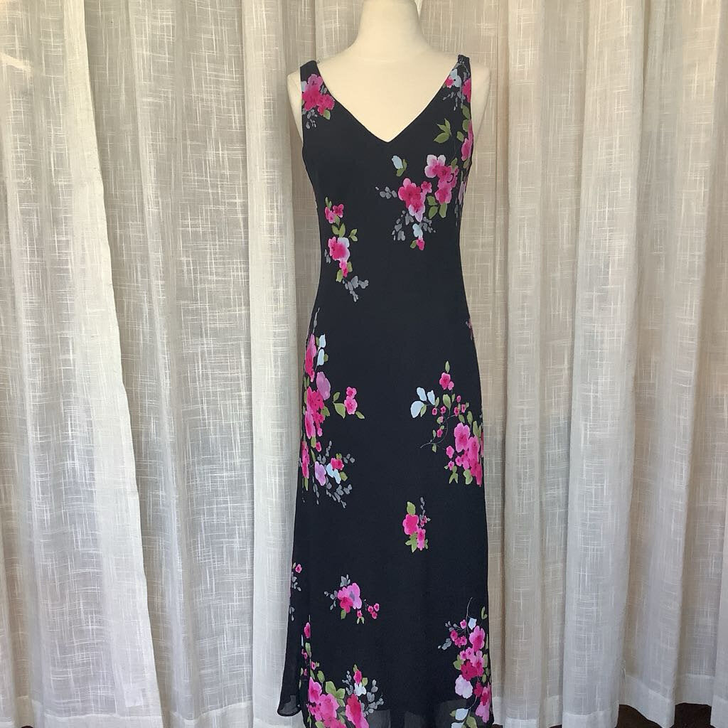 1990s Black Floral Midi Dress