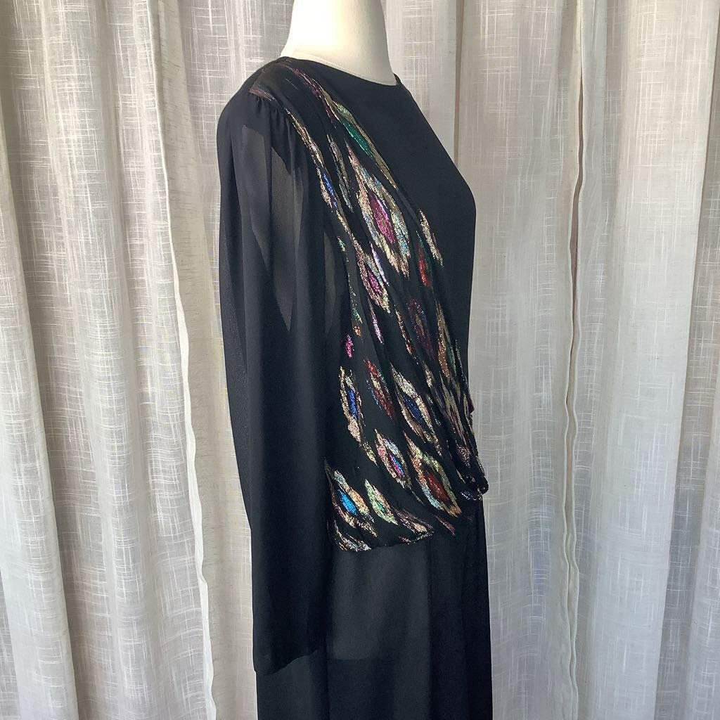 Pellini After 5 Chiffon Black Tie Dress with Metallic Sash