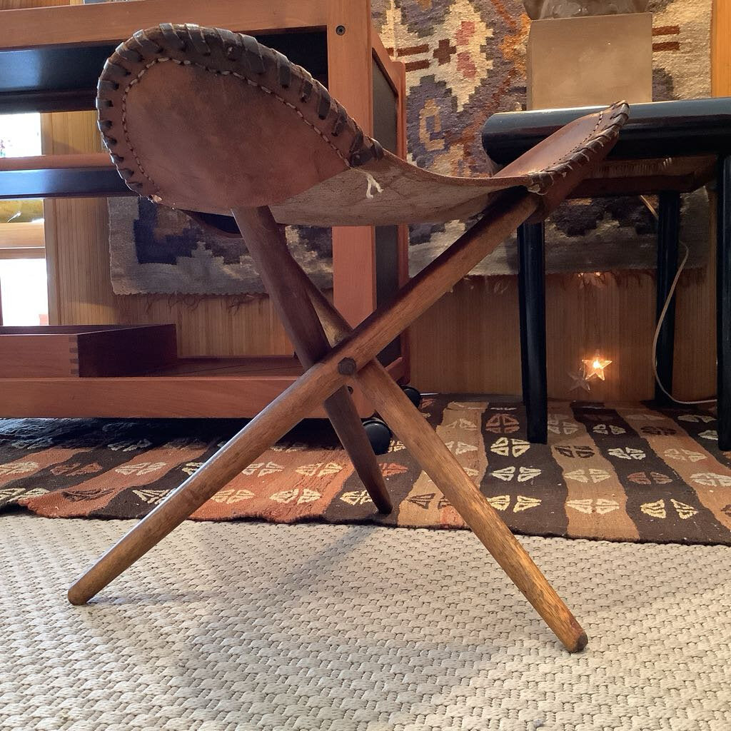 Vintage Leather Tripod Stool with Wooden Legs - Folding Stool