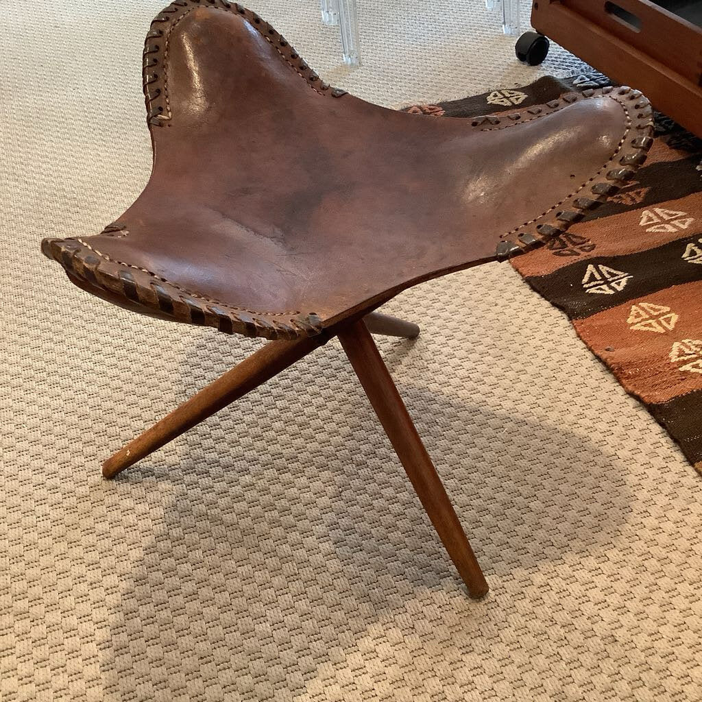 Vintage Leather Tripod Stool with Wooden Legs - Folding Stool