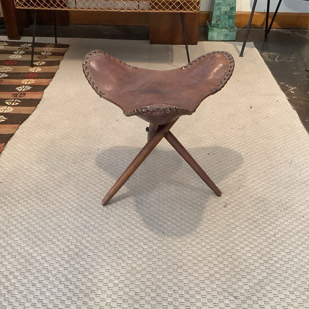 Vintage Leather Tripod Stool with Wooden Legs - Folding Stool