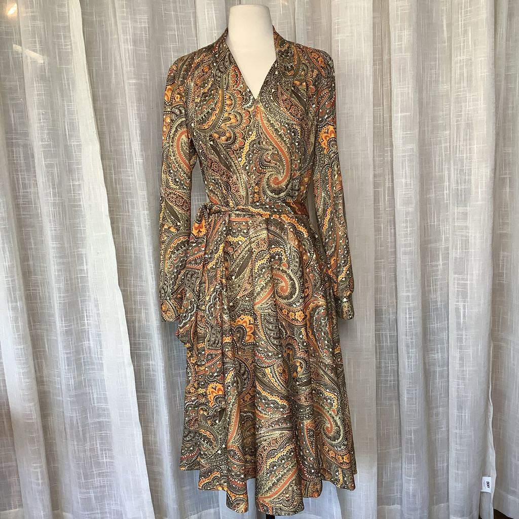 1970s Brown and Orange Psychedelic Dress with Belt