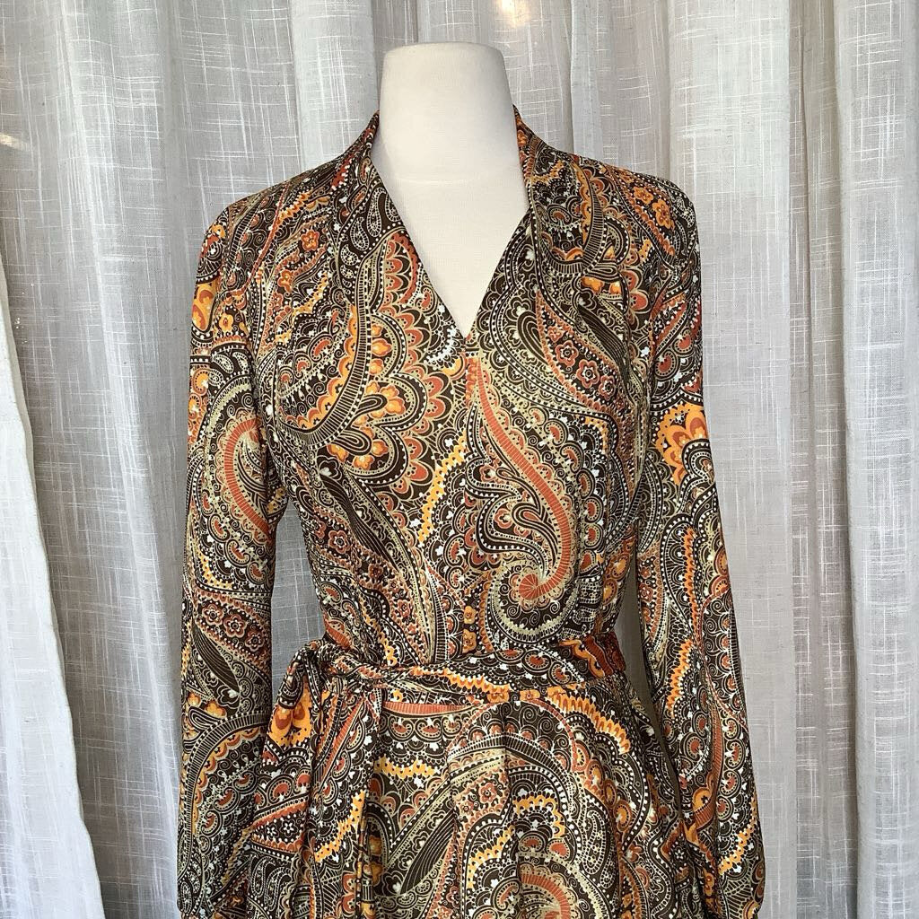 1970s Brown and Orange Psychedelic Dress with Belt