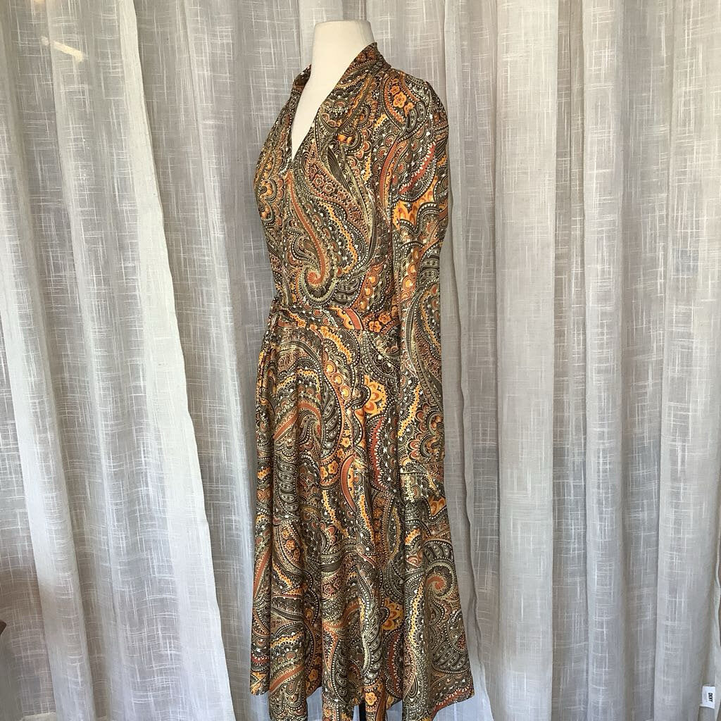 1970s Brown and Orange Psychedelic Dress with Belt