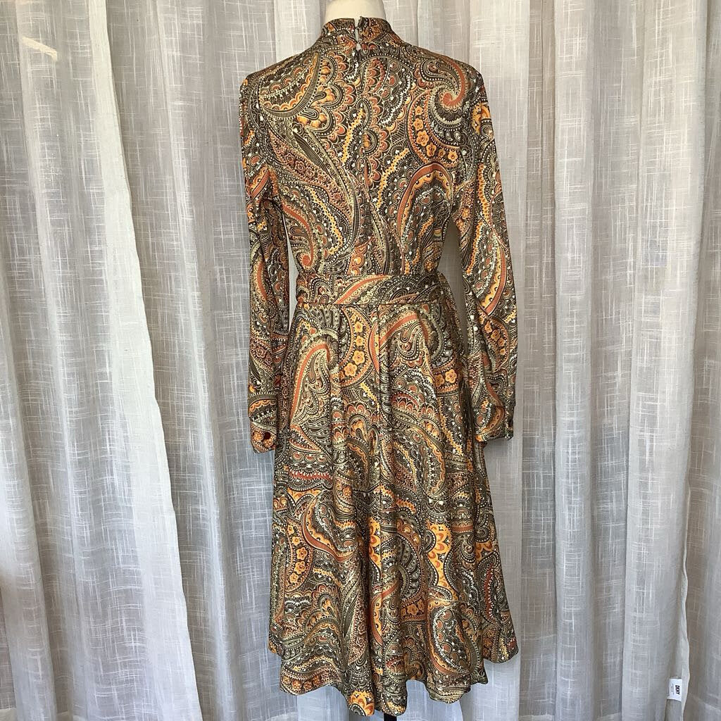 1970s Brown and Orange Psychedelic Dress with Belt