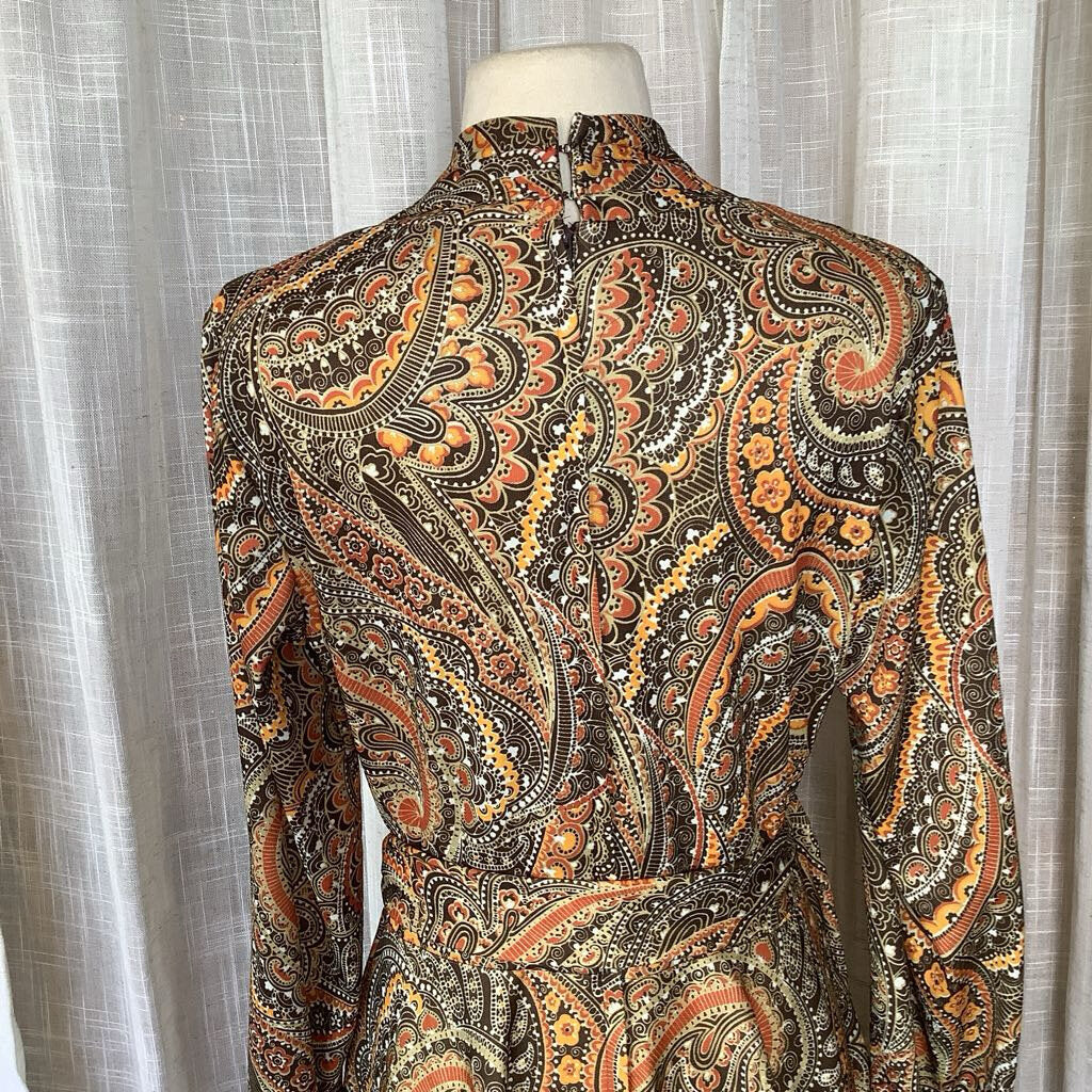 1970s Brown and Orange Psychedelic Dress with Belt